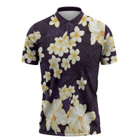 Hawaii Hibiscus Plumeria Purple Zipper Polo Shirt Polynesian Pattern