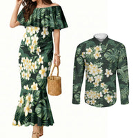 Hawaii Plumeria Tropical Leaves Couples Matching Mermaid Dress and Long Sleeve Button Shirt Monstera Calathea Palm Fronds