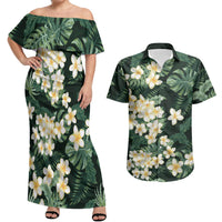 Hawaii Plumeria Tropical Leaves Couples Matching Off Shoulder Maxi Dress and Hawaiian Shirt Monstera Calathea Palm Fronds