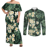 Hawaii Plumeria Tropical Leaves Couples Matching Off Shoulder Maxi Dress and Long Sleeve Button Shirt Monstera Calathea Palm Fronds
