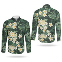 Hawaii Plumeria Tropical Leaves Couples Matching Off Shoulder Maxi Dress and Long Sleeve Button Shirt Monstera Calathea Palm Fronds