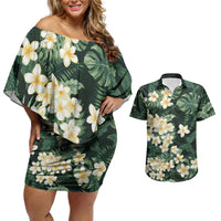 Hawaii Plumeria Tropical Leaves Couples Matching Off Shoulder Short Dress and Hawaiian Shirt Monstera Calathea Palm Fronds