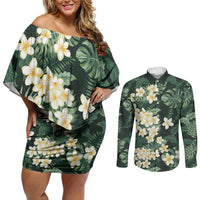Hawaii Plumeria Tropical Leaves Couples Matching Off Shoulder Short Dress and Long Sleeve Button Shirt Monstera Calathea Palm Fronds