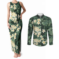 Hawaii Plumeria Tropical Leaves Couples Matching Tank Maxi Dress and Long Sleeve Button Shirt Monstera Calathea Palm Fronds