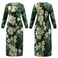 Hawaii Plumeria Tropical Leaves Family Matching Long Sleeve Bodycon Dress and Hawaiian Shirt Monstera Calathea Palm Fronds