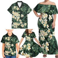 Hawaii Plumeria Tropical Leaves Family Matching Off Shoulder Maxi Dress and Hawaiian Shirt Monstera Calathea Palm Fronds
