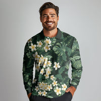 Hawaii Plumeria Tropical Leaves Long Sleeve Polo Shirt Monstera Calathea Palm Fronds