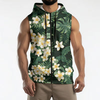 Hawaii Plumeria Tropical Leaves Sleeveless Zip Hoodie Monstera Calathea Palm Fronds