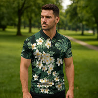 Hawaii Plumeria Tropical Leaves Zipper Polo Shirt Monstera Calathea Palm Fronds