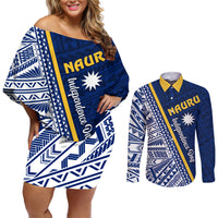 Nauru Independence Day Couples Matching Off Shoulder Short Dress and Long Sleeve Button Shirt Repubrikin Naoero Gods Will First LT01 Blue - Polynesian Pride