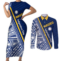 Nauru Independence Day Couples Matching Short Sleeve Bodycon Dress and Long Sleeve Button Shirt Repubrikin Naoero Gods Will First LT01 Blue - Polynesian Pride