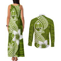 Hafa Adai Guam Couples Matching Tank Maxi Dress and Long Sleeve Button Shirt Polynesian Olive Green Blue Pattern LT01 - Polynesian Pride