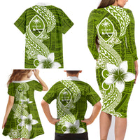 Hafa Adai Guam Family Matching Long Sleeve Bodycon Dress and Hawaiian Shirt Polynesian Olive Green Blue Pattern LT01 - Polynesian Pride