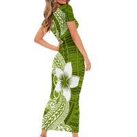 Hafa Adai Guam Short Sleeve Bodycon Dress Polynesian Olive Green Blue Pattern LT01 - Polynesian Pride