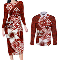 Hafa Adai Guam Couples Matching Long Sleeve Bodycon Dress and Long Sleeve Button Shirt Polynesian Floral Red Pattern LT01 Red - Polynesian Pride