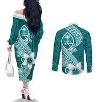 Hafa Adai Guam Couples Matching Off The Shoulder Long Sleeve Dress and Long Sleeve Button Shirt Polynesian Floral Teal Pattern LT01 - Polynesian Pride