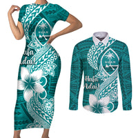 Hafa Adai Guam Couples Matching Short Sleeve Bodycon Dress and Long Sleeve Button Shirt Polynesian Floral Teal Pattern LT01 Teal - Polynesian Pride