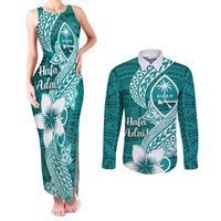 Hafa Adai Guam Couples Matching Tank Maxi Dress and Long Sleeve Button Shirt Polynesian Floral Teal Pattern LT01 Teal - Polynesian Pride