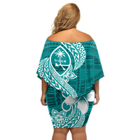 Hafa Adai Guam Family Matching Off Shoulder Short Dress and Hawaiian Shirt Polynesian Floral Teal Pattern LT01 - Polynesian Pride