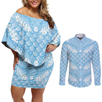 Baby Blue Mermaid Puakenikeni Maile Lei Couples Matching Off Shoulder Short Dress and Long Sleeve Button Shirt