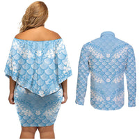 Baby Blue Mermaid Puakenikeni Maile Lei Couples Matching Off Shoulder Short Dress and Long Sleeve Button Shirt