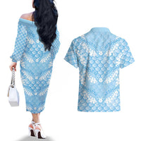 Baby Blue Mermaid Puakenikeni Maile Lei Couples Matching Off The Shoulder Long Sleeve Dress and Hawaiian Shirt