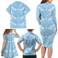 Baby Blue Mermaid Puakenikeni Maile Lei Family Matching Long Sleeve Bodycon Dress and Hawaiian Shirt