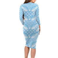 Baby Blue Mermaid Puakenikeni Maile Lei Family Matching Long Sleeve Bodycon Dress and Hawaiian Shirt