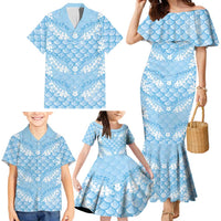 Baby Blue Mermaid Puakenikeni Maile Lei Family Matching Mermaid Dress and Hawaiian Shirt