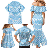 Baby Blue Mermaid Puakenikeni Maile Lei Family Matching Mermaid Dress and Hawaiian Shirt