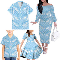 Baby Blue Mermaid Puakenikeni Maile Lei Family Matching Off The Shoulder Long Sleeve Dress and Hawaiian Shirt