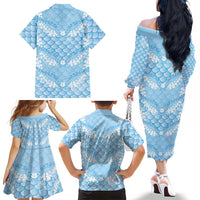 Baby Blue Mermaid Puakenikeni Maile Lei Family Matching Off The Shoulder Long Sleeve Dress and Hawaiian Shirt