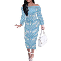 Baby Blue Mermaid Puakenikeni Maile Lei Family Matching Off The Shoulder Long Sleeve Dress and Hawaiian Shirt