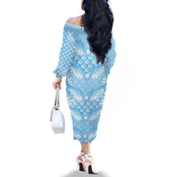 Baby Blue Mermaid Puakenikeni Maile Lei Family Matching Off The Shoulder Long Sleeve Dress and Hawaiian Shirt