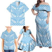 Baby Blue Mermaid Puakenikeni Maile Lei Family Matching Off Shoulder Maxi Dress and Hawaiian Shirt