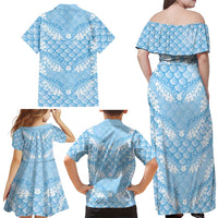 Baby Blue Mermaid Puakenikeni Maile Lei Family Matching Off Shoulder Maxi Dress and Hawaiian Shirt