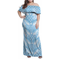 Baby Blue Mermaid Puakenikeni Maile Lei Family Matching Off Shoulder Maxi Dress and Hawaiian Shirt