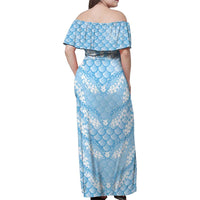 Baby Blue Mermaid Puakenikeni Maile Lei Family Matching Off Shoulder Maxi Dress and Hawaiian Shirt