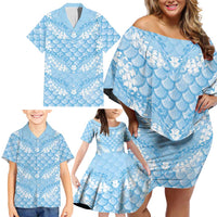 Baby Blue Mermaid Puakenikeni Maile Lei Family Matching Off Shoulder Short Dress and Hawaiian Shirt