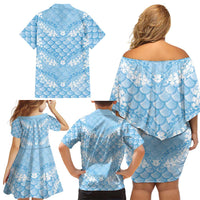 Baby Blue Mermaid Puakenikeni Maile Lei Family Matching Off Shoulder Short Dress and Hawaiian Shirt