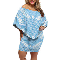Baby Blue Mermaid Puakenikeni Maile Lei Family Matching Off Shoulder Short Dress and Hawaiian Shirt