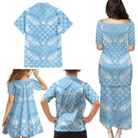 Baby Blue Mermaid Puakenikeni Maile Lei Family Matching Puletasi and Hawaiian Shirt