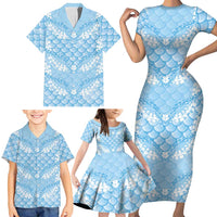 Baby Blue Mermaid Puakenikeni Maile Lei Family Matching Short Sleeve Bodycon Dress and Hawaiian Shirt