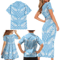 Baby Blue Mermaid Puakenikeni Maile Lei Family Matching Short Sleeve Bodycon Dress and Hawaiian Shirt