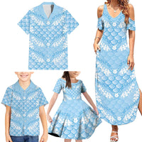 Baby Blue Mermaid Puakenikeni Maile Lei Family Matching Summer Maxi Dress and Hawaiian Shirt