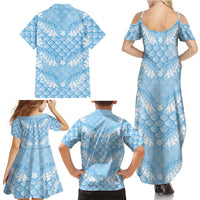 Baby Blue Mermaid Puakenikeni Maile Lei Family Matching Summer Maxi Dress and Hawaiian Shirt