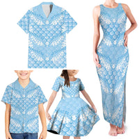 Baby Blue Mermaid Puakenikeni Maile Lei Family Matching Tank Maxi Dress and Hawaiian Shirt