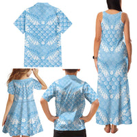 Baby Blue Mermaid Puakenikeni Maile Lei Family Matching Tank Maxi Dress and Hawaiian Shirt