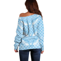 Baby Blue Mermaid Puakenikeni Maile Lei Off Shoulder Sweater