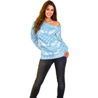 Baby Blue Mermaid Puakenikeni Maile Lei Off Shoulder Sweater